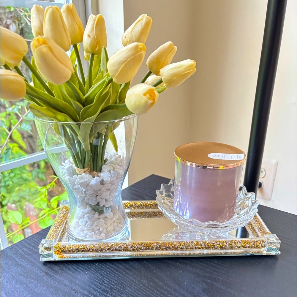 NWT Crystal Glass Tray, Mirror Vanity Tray, Golden Decor Tray Size 34cm X 14 cm - Picture 3 of 16
